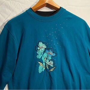 Country Store GrannyCore Sweatshirt Women's L Floral Embroidered EUC Turquoise